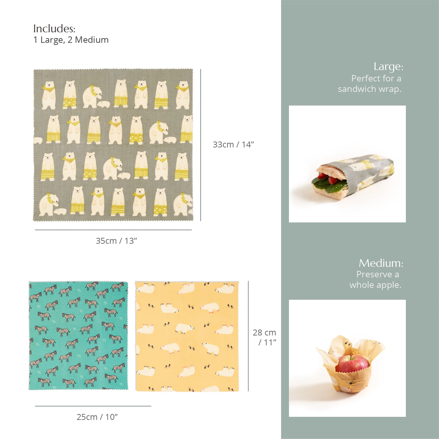 Bivoks madwraps - Dyr- 3 stk. (2x mellem, 1x stor)